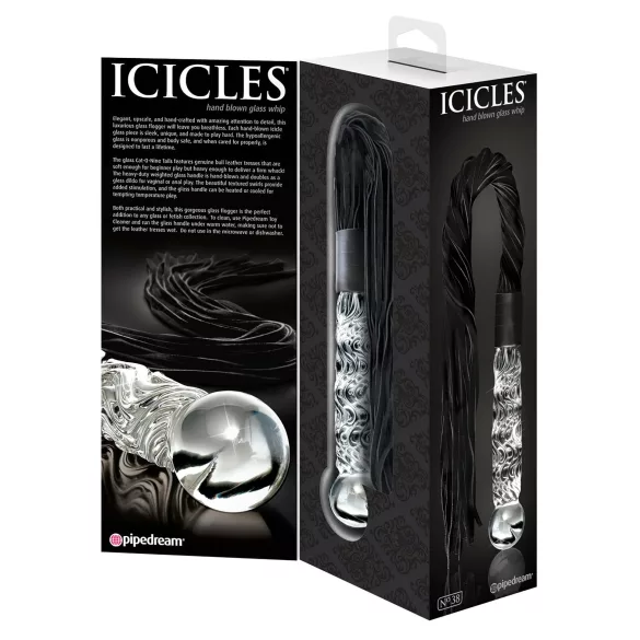 Icicles No. 38 - стъклено дилдо и кожен камшик - прозрачно/черно