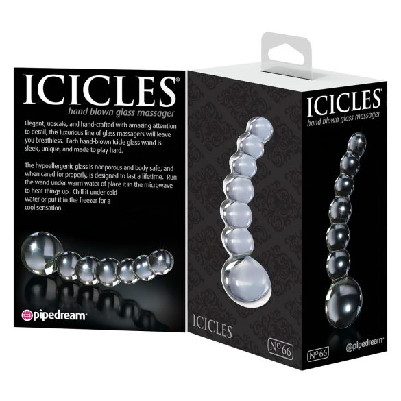 Icicles No. 66 - стъклено дилдо с извита форма и топчета - прозрачно