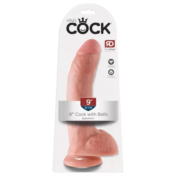King Cock 9 - голям дилдо с тестиси и вендуза (23 см, телесен цвят)