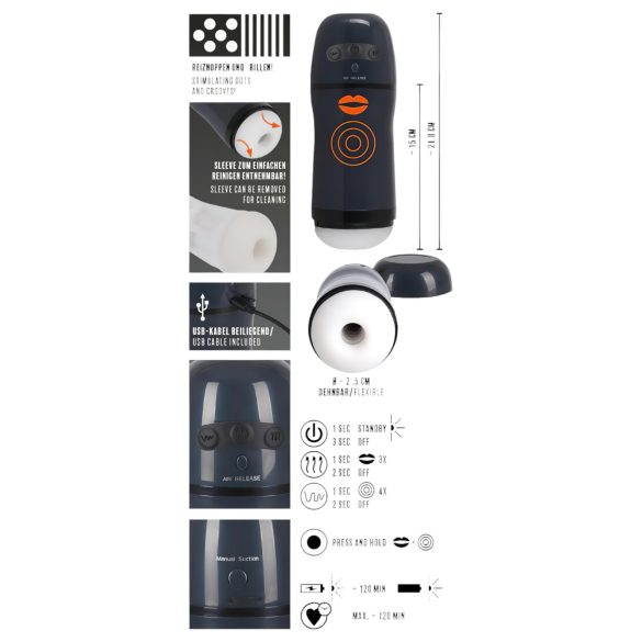 Rebel - мастурбатор 2в1 със засмукване и вибрация - черен