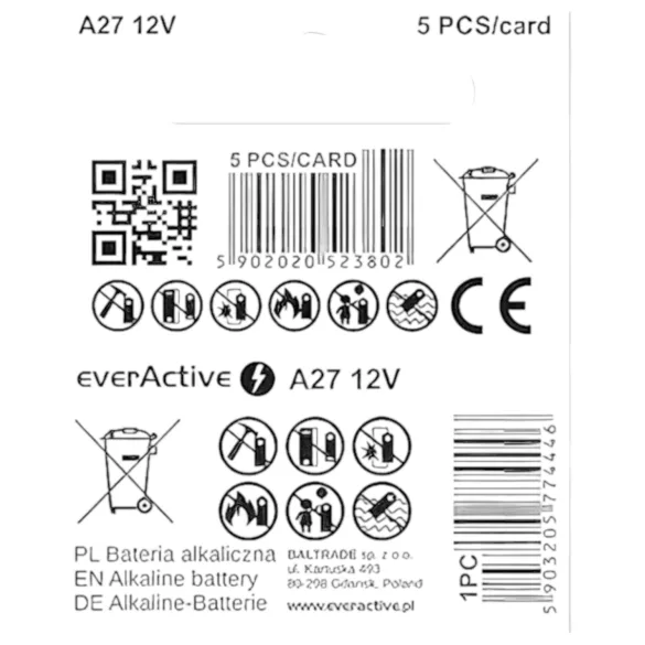 12V батерия (27A, MN27) за дистанционно управление (1 бр.)