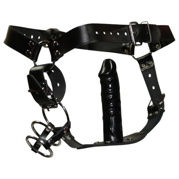 ZADO - кожен слипов колан с дилдо и 3 пенис пръстена