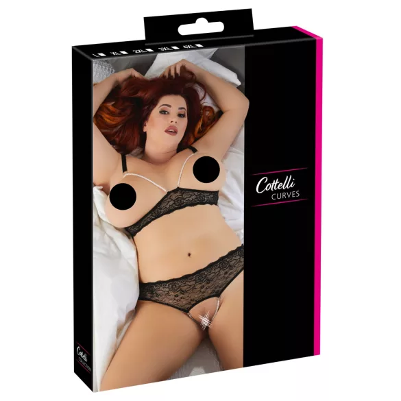 Cottelli Plus Size - секси сутиен комплект с перли - черен