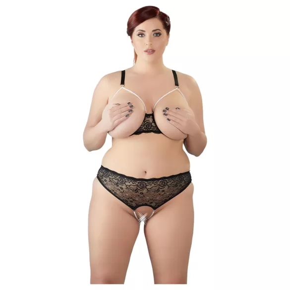 Cottelli Plus Size - секси сутиен комплект с перли - черен - XL