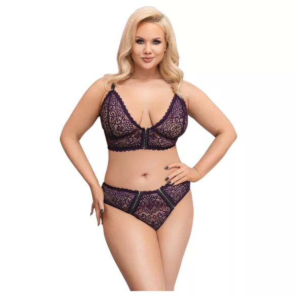 Cottelli Plus Size - прозрачен комплект сутиен с шарки (лилав) - 2XL