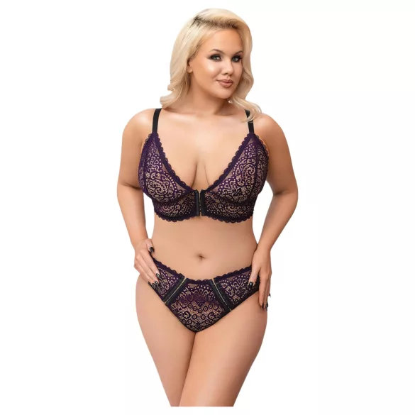 Cottelli Plus Size - прозрачен комплект сутиен с шарки (лилав) - 2XL
