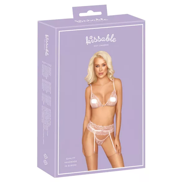 Kissable - дамски комплект бельо с дантела - розов - L/XL