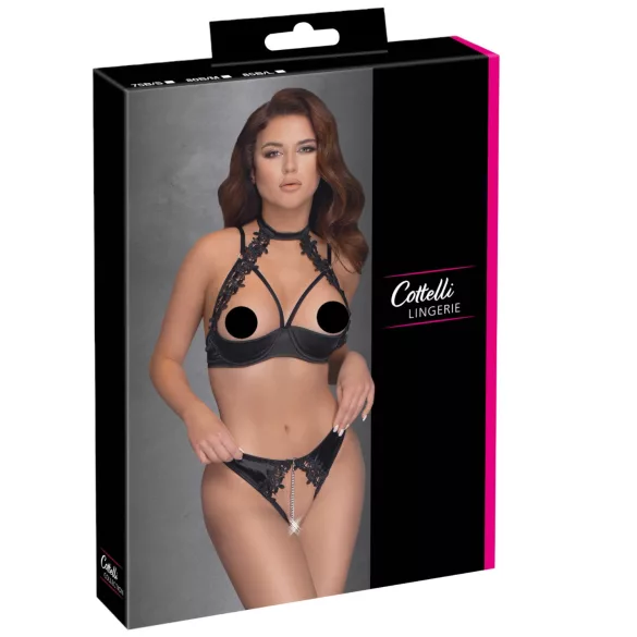 Cottelli - дантелен сутиен с яка и бикини комплект - черен - 85B/L