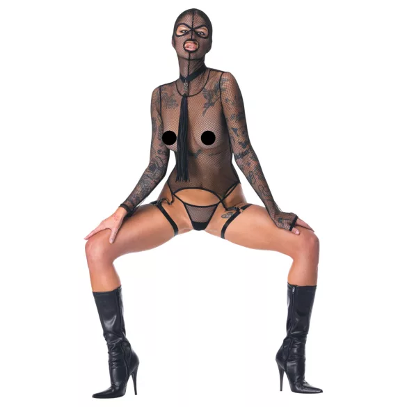 Bad Kitty - BDSM прозрачен мрежест комплект с камшик (черен) - L