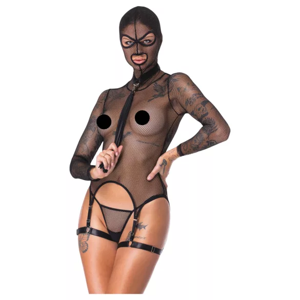 Bad Kitty - BDSM прозрачен мрежест комплект с камшик (черен) - L