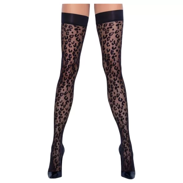 Cottelli Legwear - дамски чорапи до бедрото - леопардов принт - черни - 4