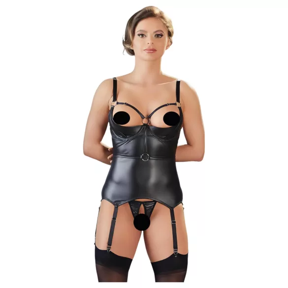 Cottelli Bondage - блестящ топ с повдигане и белезници (черен) - L