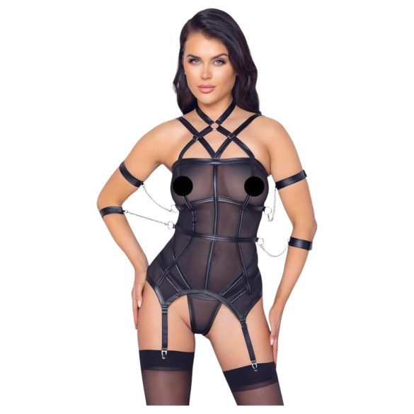 Cottelli Bondage - комплект черен топ, окови за ръце и прашки