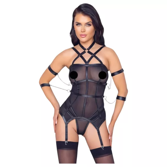 Cottelli Bondage - топ с ремъци, белезници и прашки (черно)