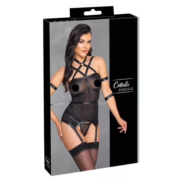Cottelli Bondage - топ с ремъци, белезници и прашки (черно) - L