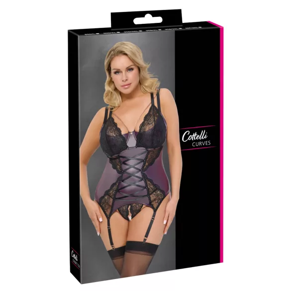 Cottelli Curves - дантелен комплект бельо с корсет (лилав) - 90D/XL