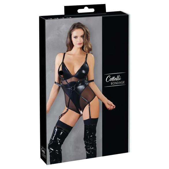 Cottelli Bondage - блестящо боди с белезници (черно) - XL