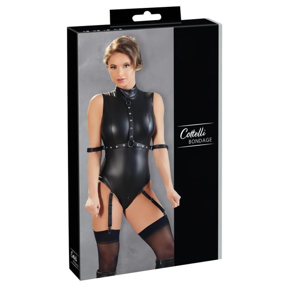 Cottelli Bondage - блестящ бодисют без ръкави и маншети (черен) - XL