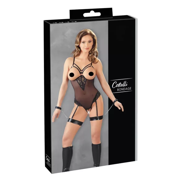 Cottelli Bondage - боди с метални рингове и белезници за ръце - черно - XL
