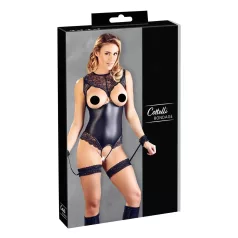   Cottelli Bondage - отворено боди с блестящ ефект и белезници за ръце - черно