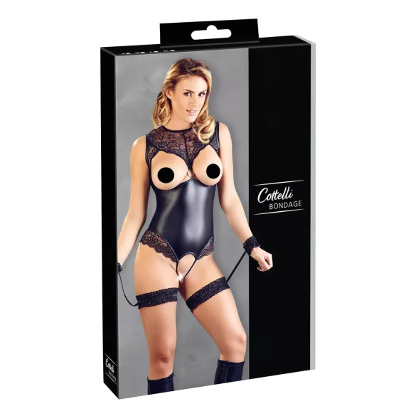 Cottelli Bondage - отворено боди с блестящ ефект и белезници за ръце - черно - L