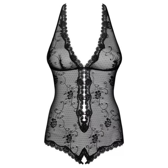 Obsessive - боди с отворено дъно и перли - дантела, черно - L/XL