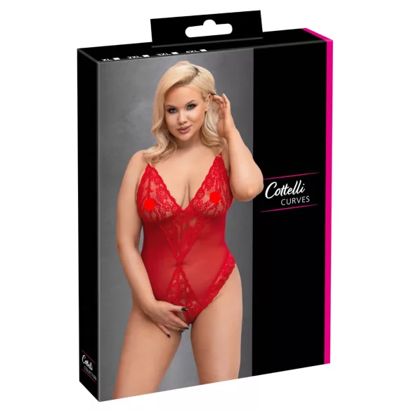 Cottelli Curves - боди от прозрачна дантела - червено - 3XL