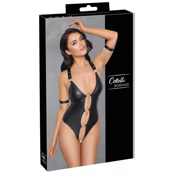 Cottelli Bondage - дамско боди с отворен дизайн и пръстени - лъскаво черно - L