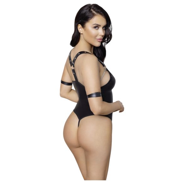 Cottelli Bondage - дамско боди с отворен дизайн и пръстени - лъскаво черно - L