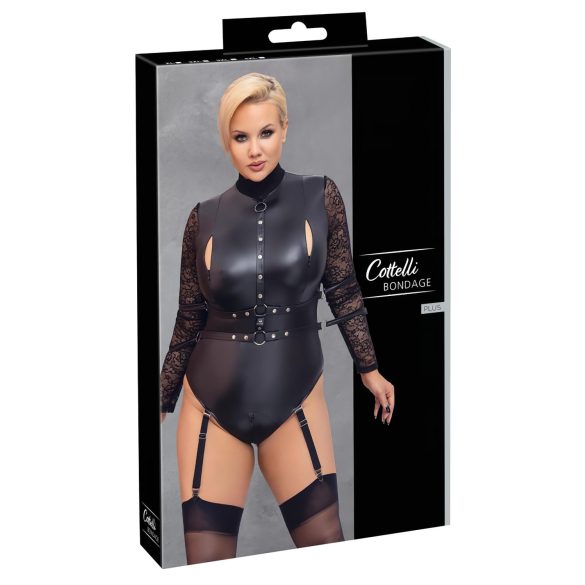 Cottelli Bondage Плюс - Боди с дантелени ръкави (черно) - 2XL