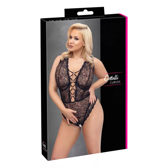 Cottelli Curves Plus Size - дамско боди с прозрачен десен - черно - 90D/XL