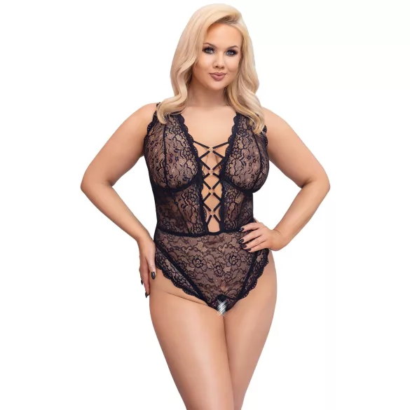 Cottelli Curves Plus Size - дамско боди с прозрачен десен - черно - 90D/XL