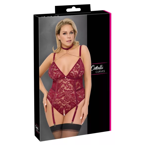 Cottelli Curves - дантелено боди с верижки - червено - 3XL