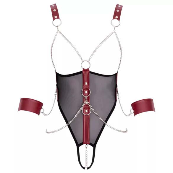 Cottelli Bondage - отворено боди с каишки и верига - черно