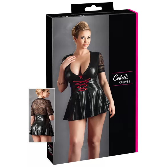 Cottelli Plus Size - лъскава рокля с червен корсет - черна - XXXL