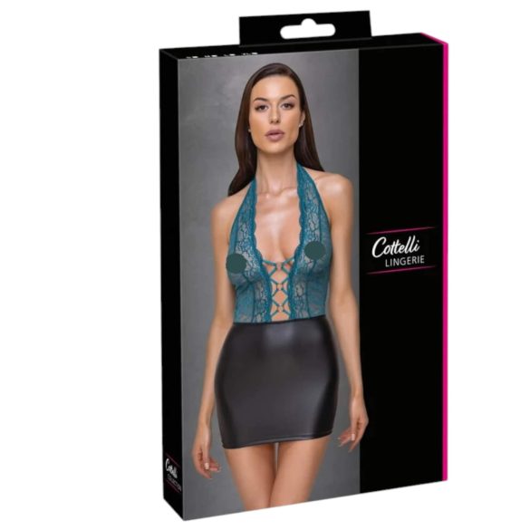 Cottelli - дамска рокля с връзки и дантела - лъскава черно-зелена - L
