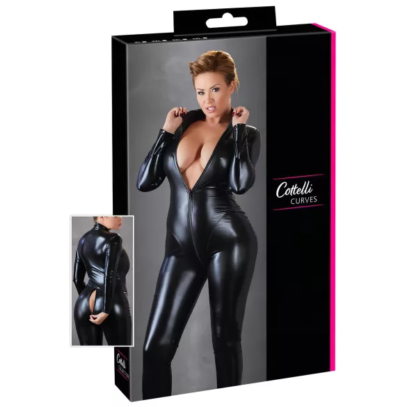 Cottelli Plus Size - дамски парти гащеризон с дълъг ръкав - лъскав черен - 2XL