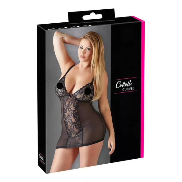 Cottelli Plus Size - нощница с дантела - прозрачна - черна - 2XL