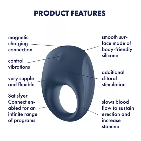 Satisfyer Strong One - Вибриращ пръстен за пенис с управление чрез приложение, за мъже (син)