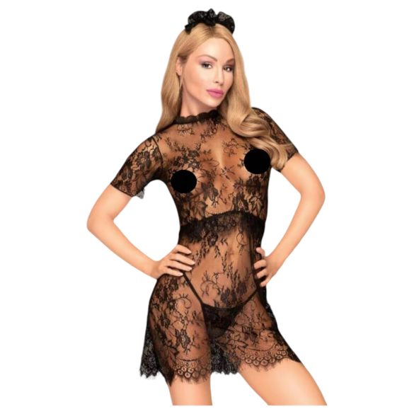 Penthouse Poison Cookie - дантелена рокля, прашки и аксесоар за коса (черно) - L/XL