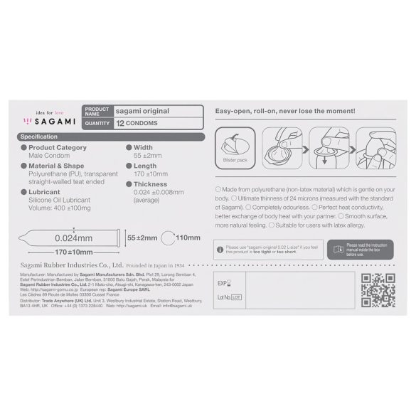 Sagami Original 0,02 - презервативи - ултратънки - 55мм (12бр)