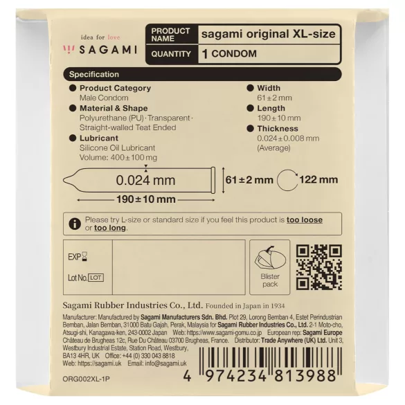 Sagami Original 0.02 XL - презерватив - 61мм - 1 брой
