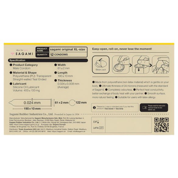 Sagami Original 0,02 XL - презервативи - 61мм - 12 броя