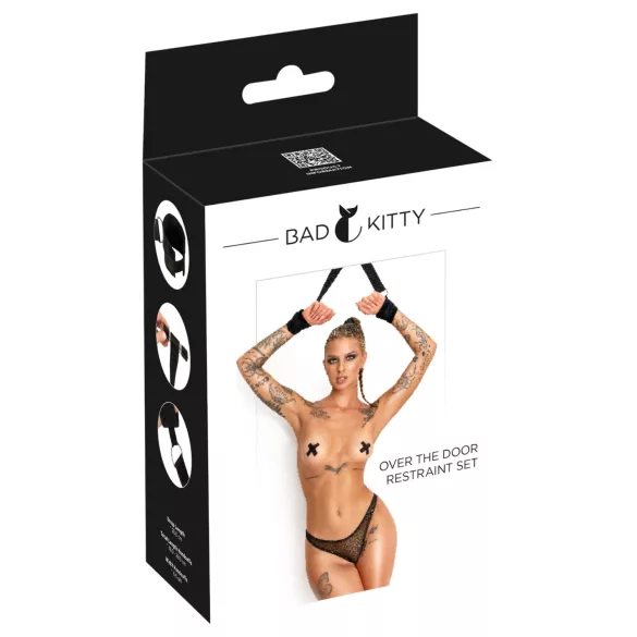 Bad Kitty - комплект черни белезници за китки за окачване на врата