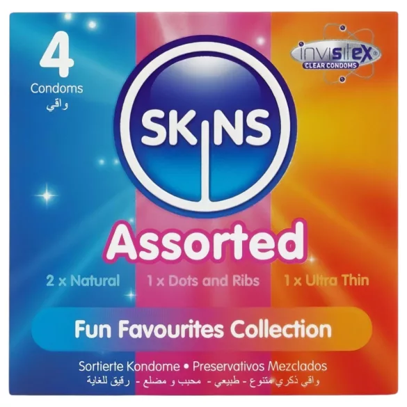 Skins - смесени презервативи - оребрени, натурални, екстра тънки (4 бр.)