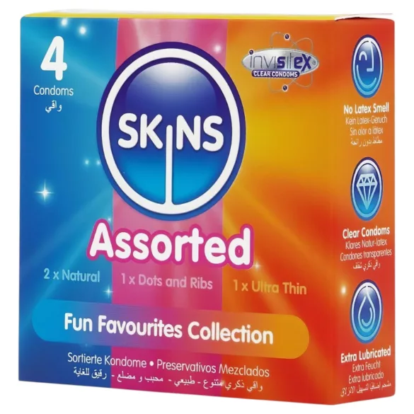 Skins - смесени презервативи - оребрени, натурални, екстра тънки (4 бр.)