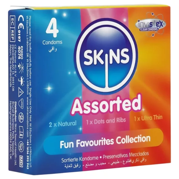 Skins - смесени презервативи - оребрени, натурални, екстра тънки (4 бр.)