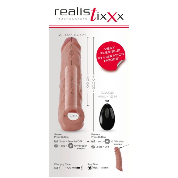 Realistixxx - пенис удължител с вибрация и дистанционно - телесен - 20 см