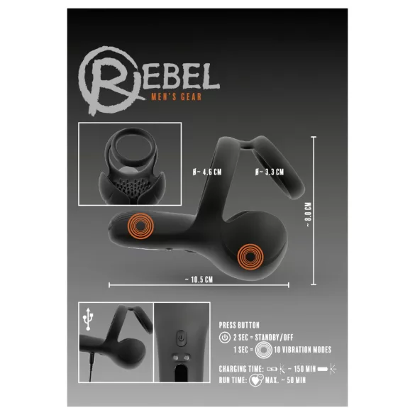 Rebel - вибриращ пенис пръстен за стимулиране на тестисите и перинеума (черен)