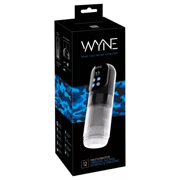 WYNE 12 - смукателен, въртящ се и вибриращ акумулаторен мастурбатор (черен)